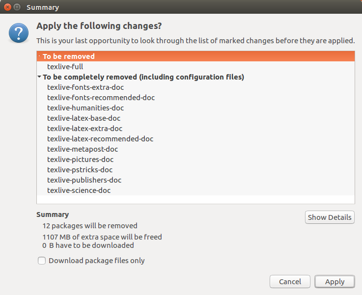 Synaptic list of files to remove for texlive-doc to save disk space